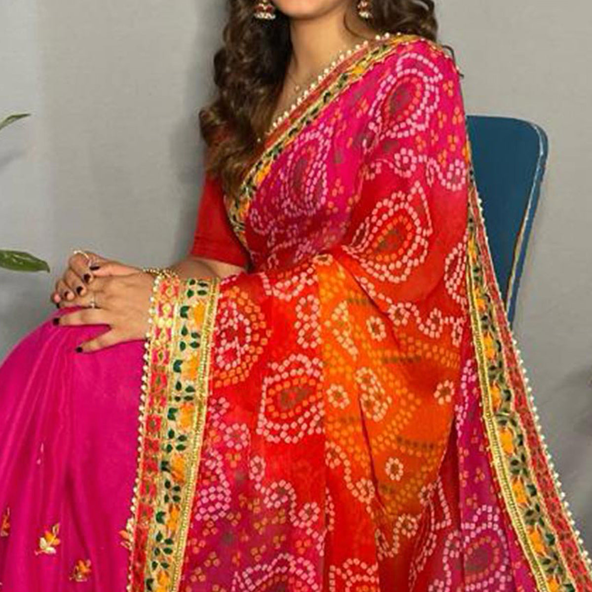 Rani Pink & Orange Bandhani Printed Chiffon Half & Half Saree