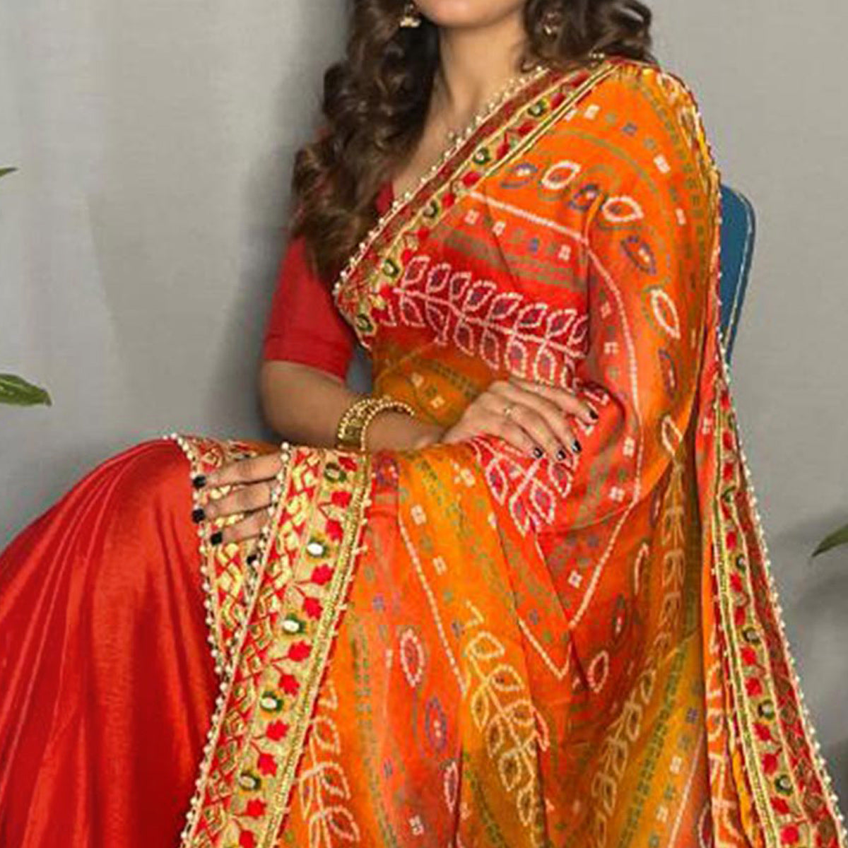 Red & Orange Bandhani Printed Chiffon Half & Half Saree