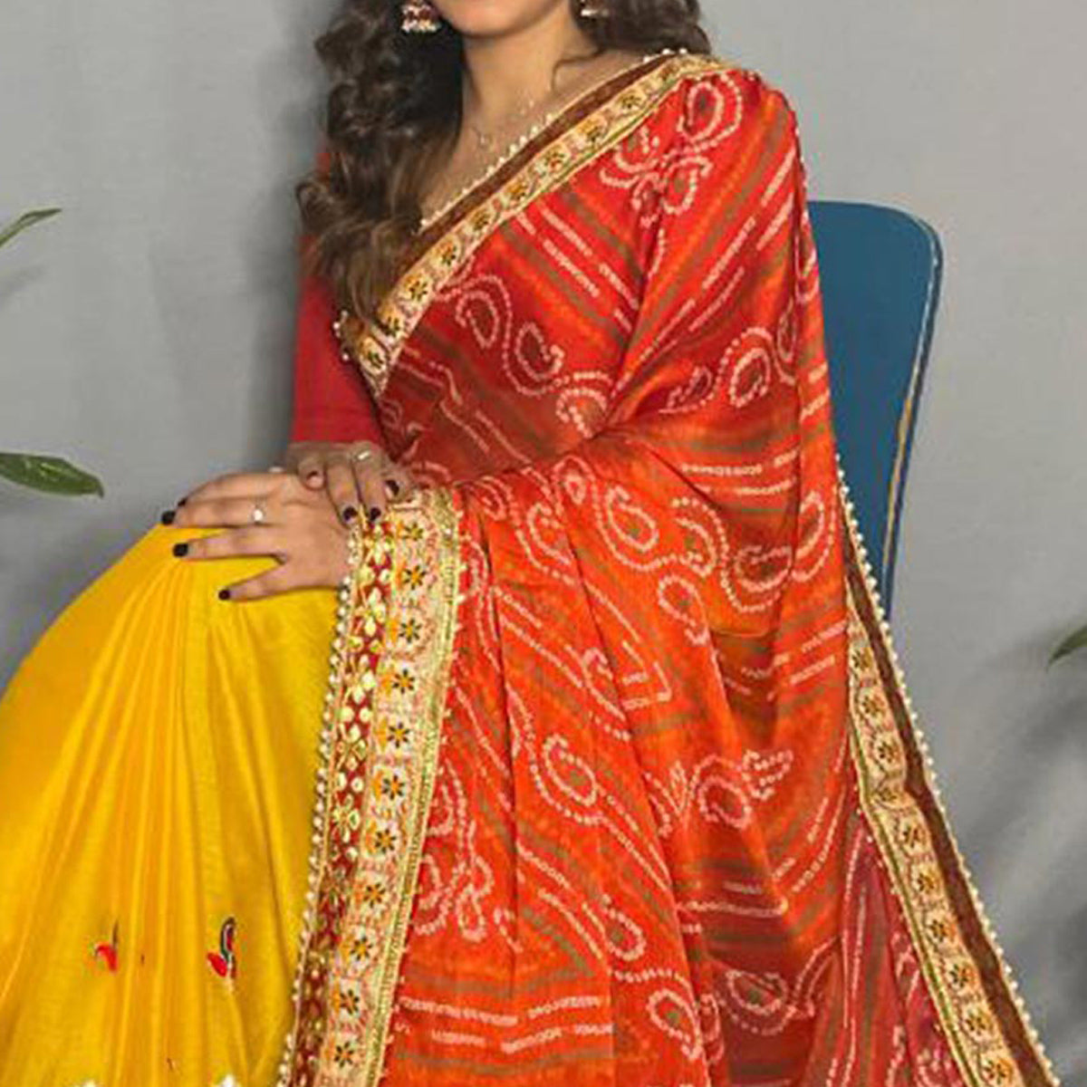 Yellow & Orange Bandhani Printed Chiffon Half & Half Saree