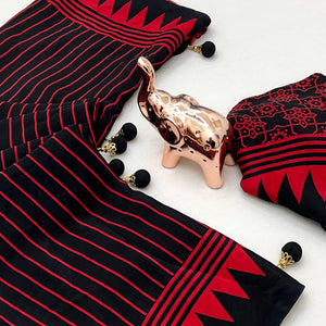 Black Satin Saree with All-Over Striped Print Partywear Essential