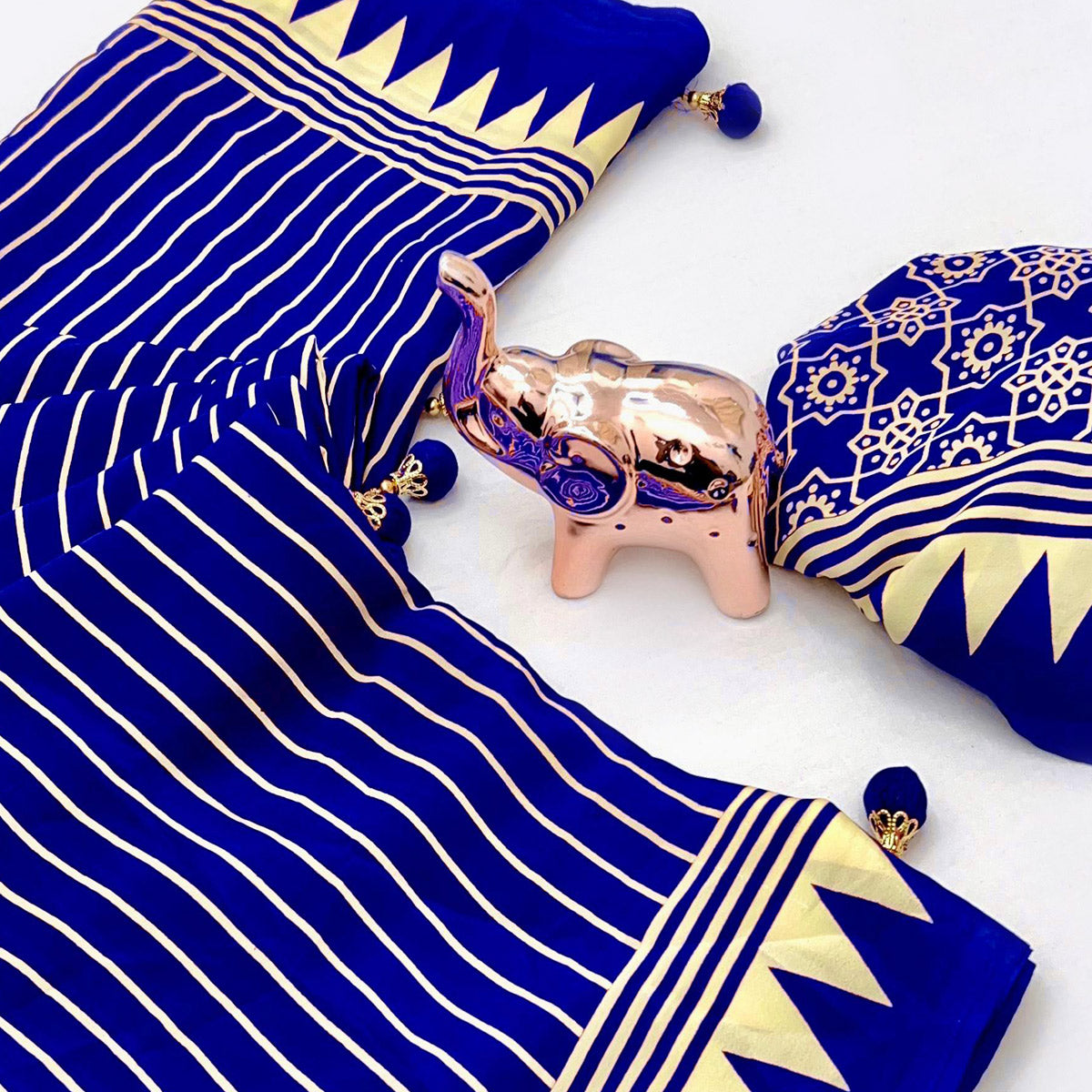 Blue Satin Saree with All-Over Striped Print Partywear Essential