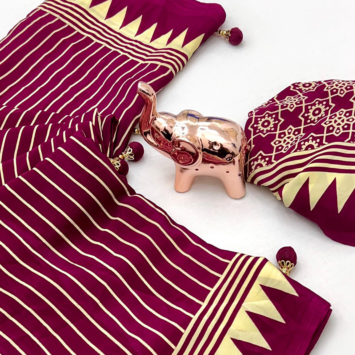 Magenta Satin Saree with All-Over Striped Print Partywear Essential