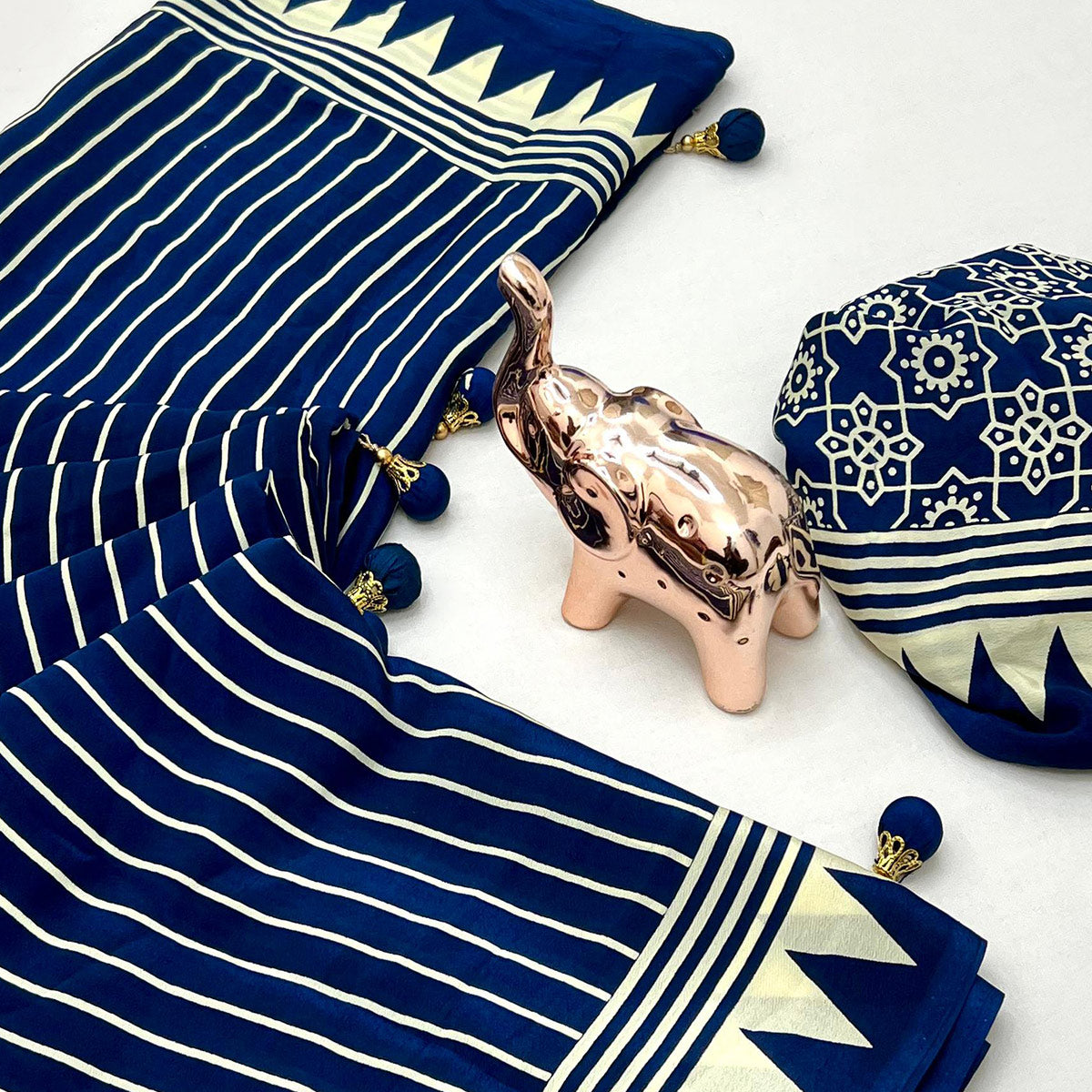 Navy Blue Satin Saree with All-Over Striped Print Partywear Essential