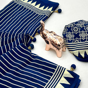 Navy Blue Satin Saree with All-Over Striped Print Partywear Essential