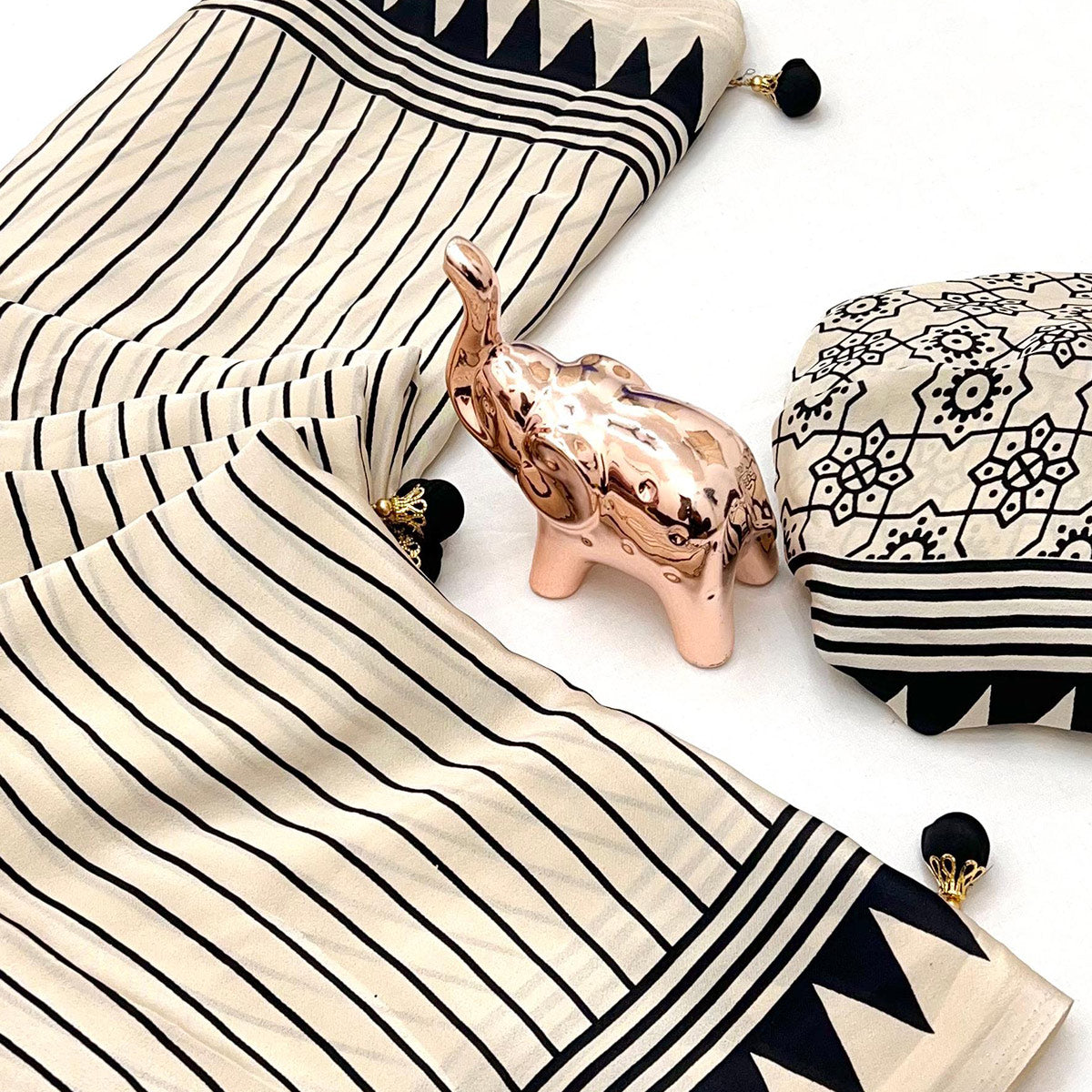 Off White Satin Saree with All-Over Striped Print Partywear Essential