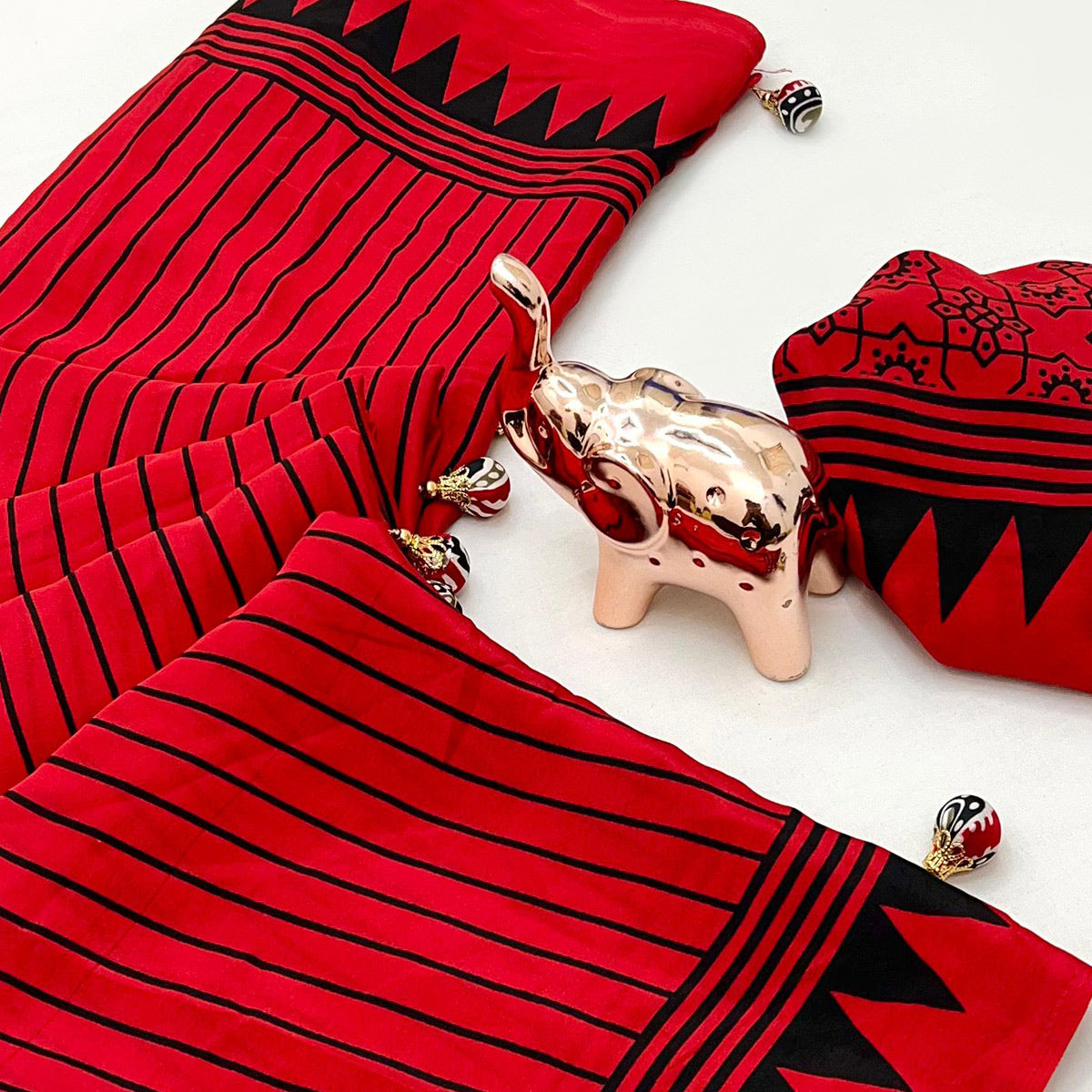 Red Satin Saree with All-Over Striped Print Partywear Essential