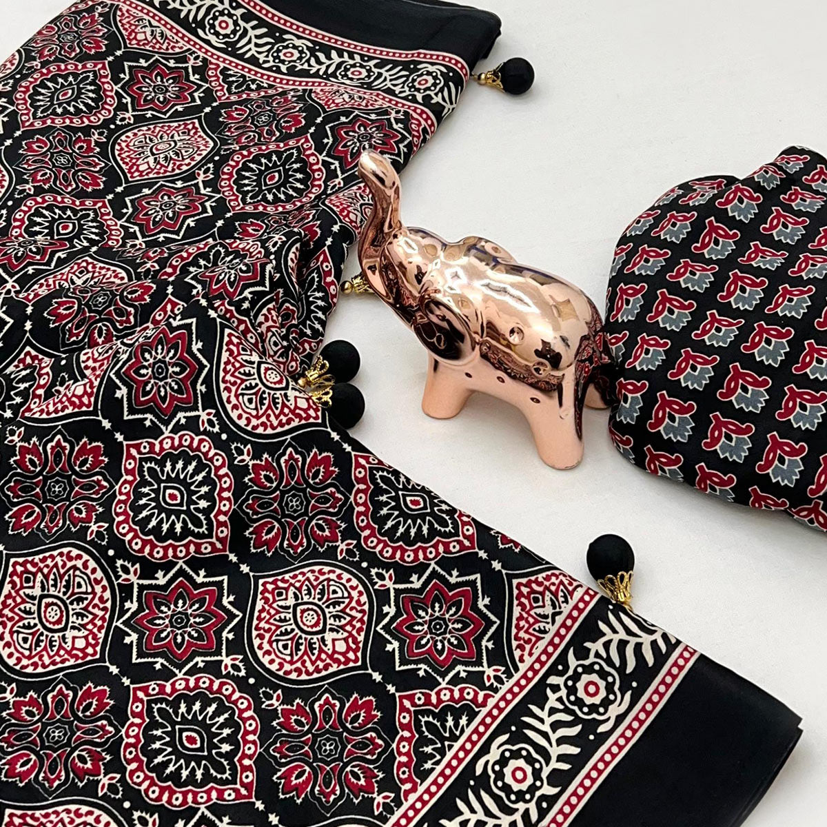 Black Beauty Pure Satin Saree with Ajrakh Print Detailing