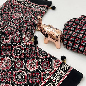 Black Beauty Pure Satin Saree with Ajrakh Print Detailing