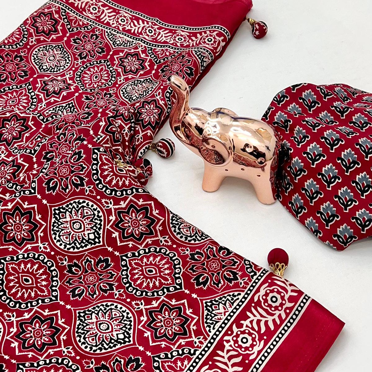 Red Beauty Pure Satin Saree with Ajrakh Print Detailing