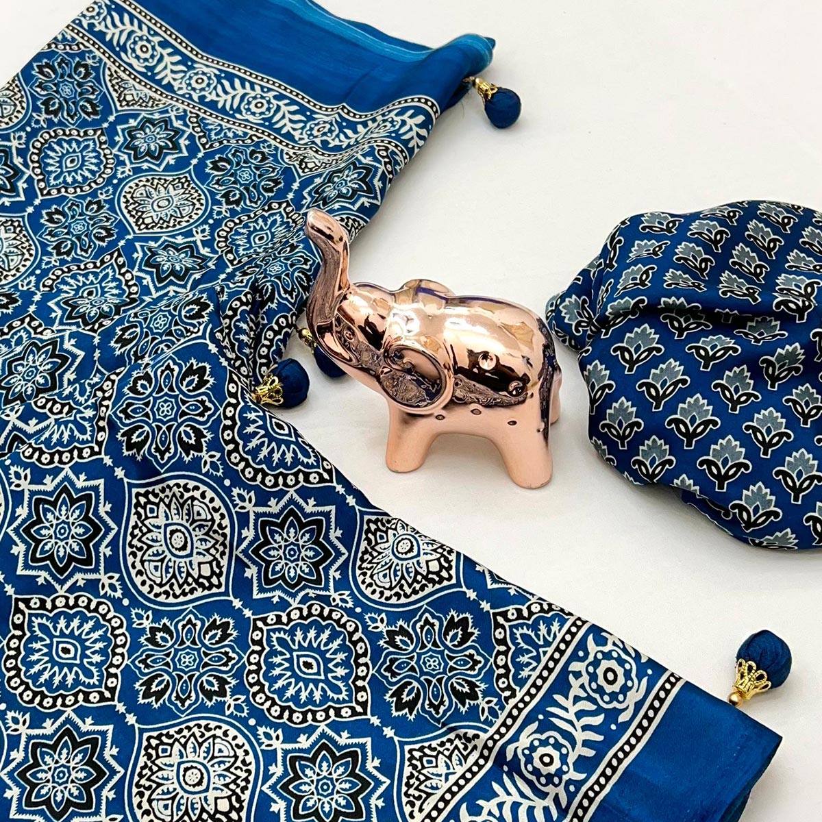 Teal Beauty Pure Satin Saree with Ajrakh Print Detailing