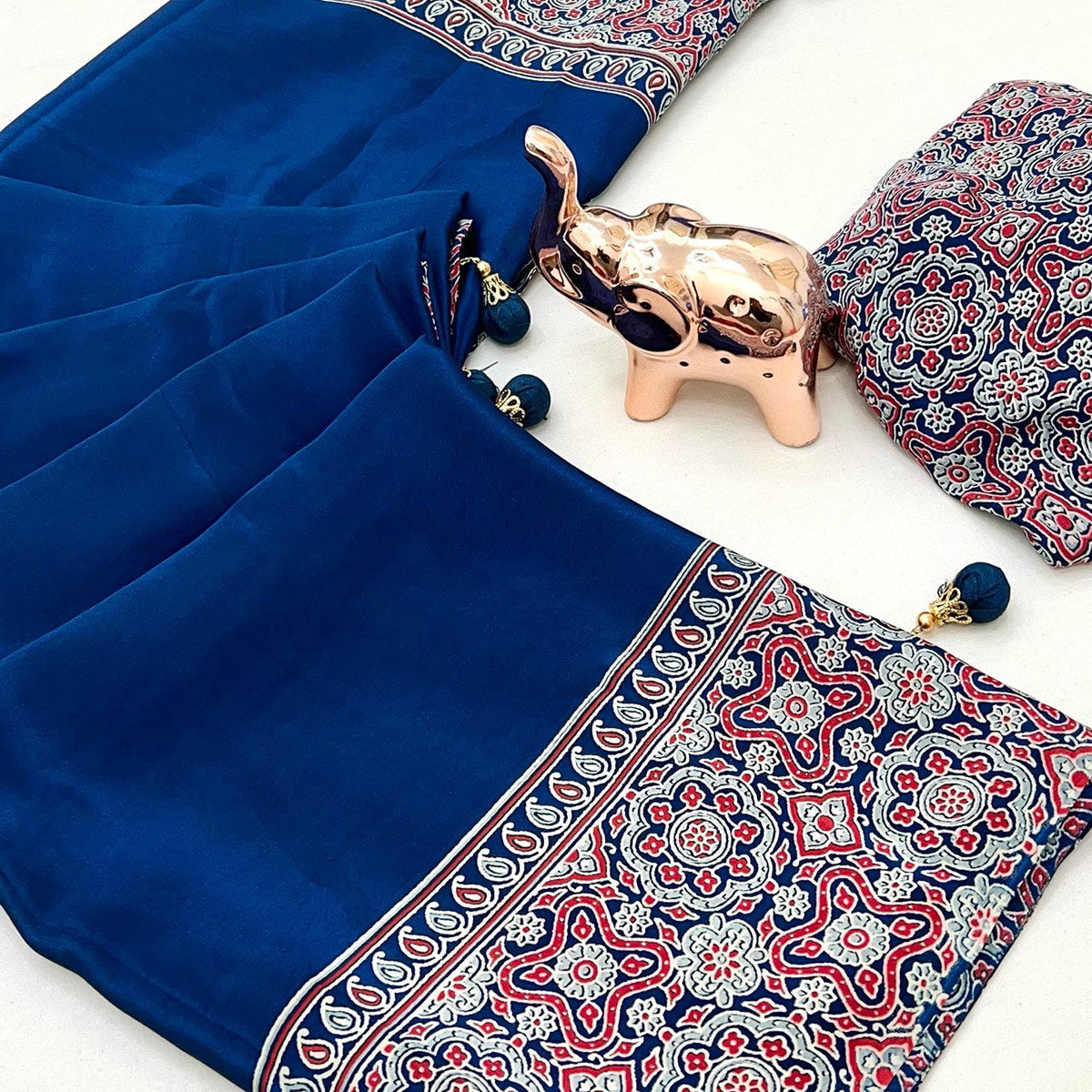 Blue Satin Saree Showcasing Rich Ajrakh Printed Design & Tassel Finished Pallu