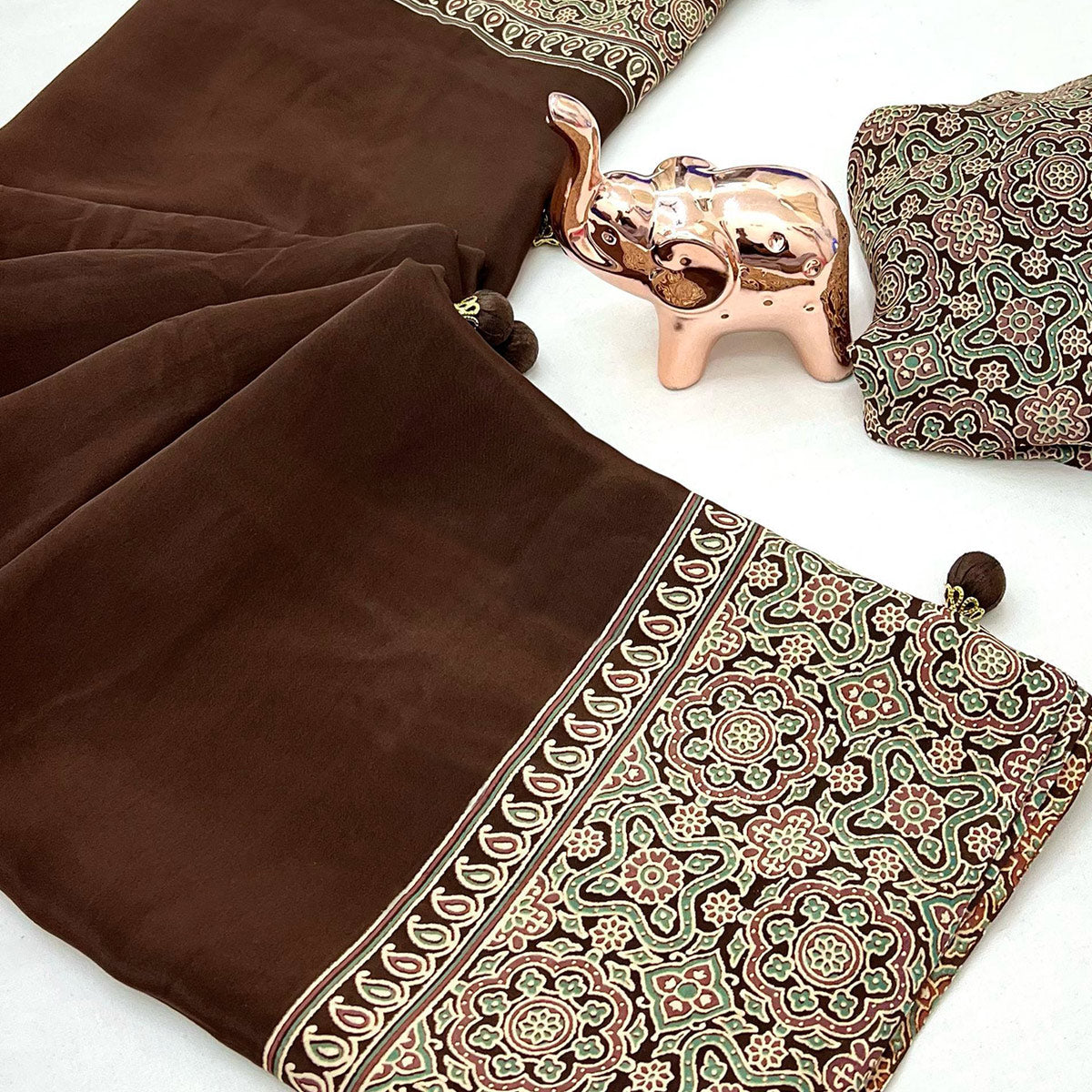 Brown Satin Saree Showcasing Rich Ajrakh Printed Design & Tassel Finished Pallu