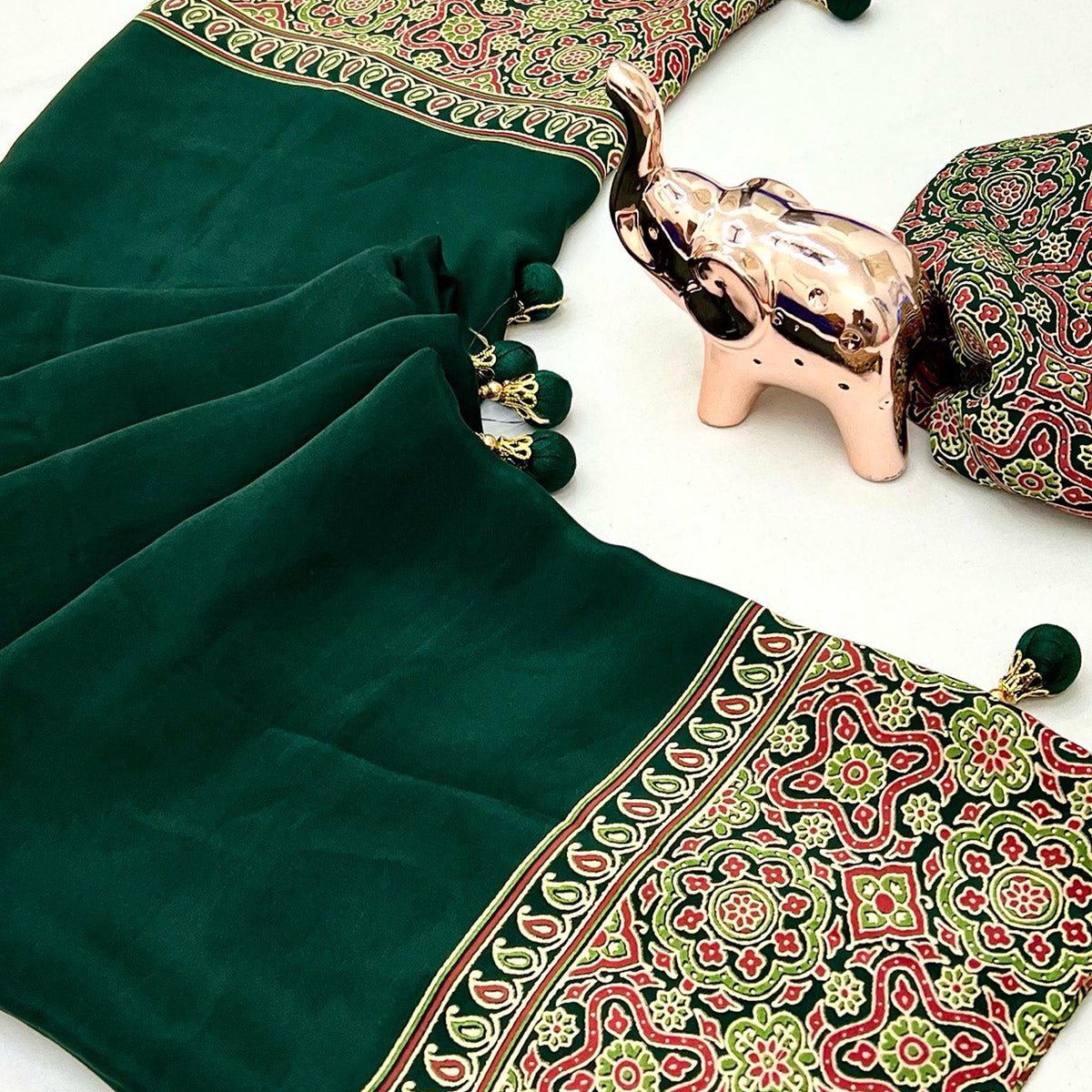Green Satin Saree Showcasing Rich Ajrakh Printed Design & Tassel Finished Pallu