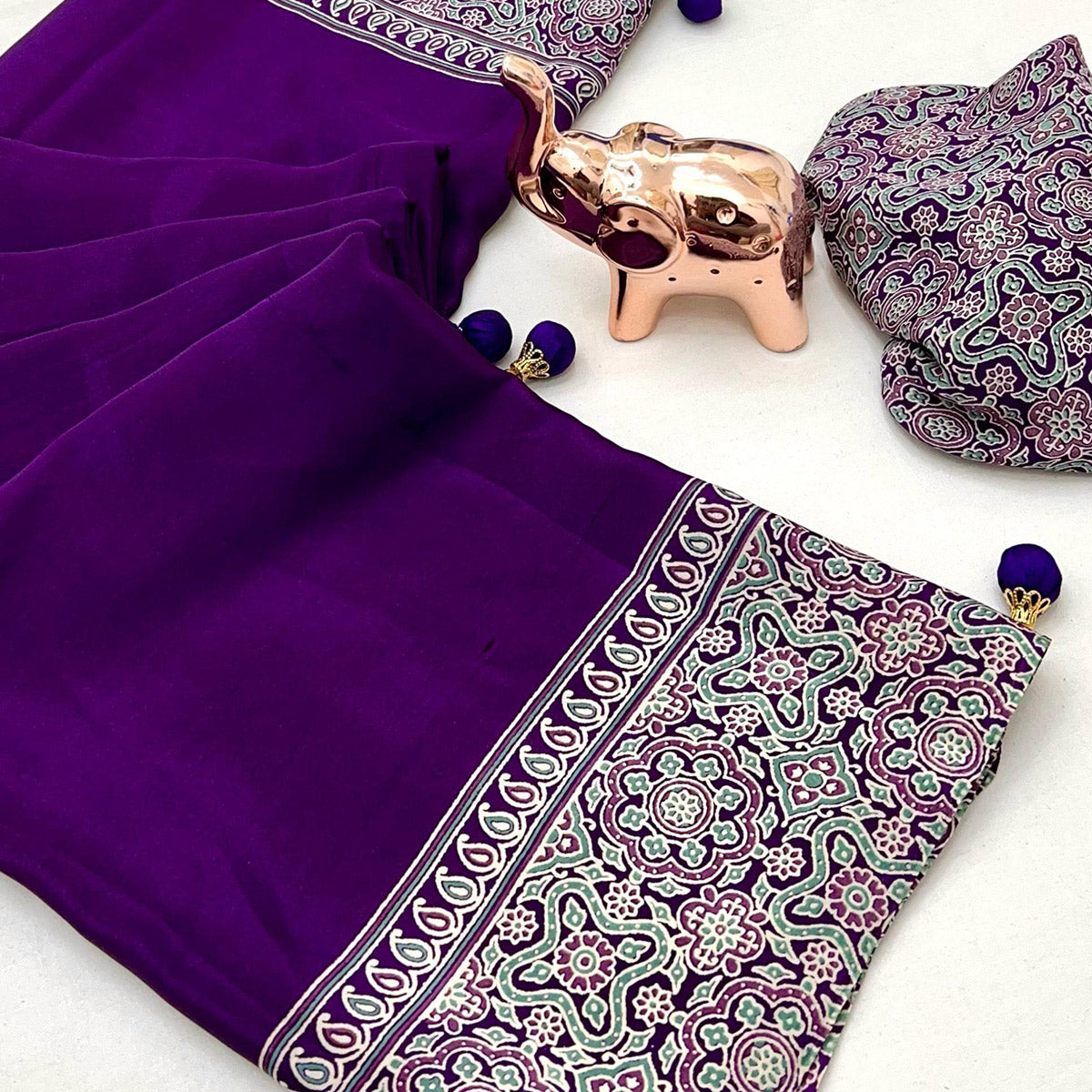 Purple Satin Saree Showcasing Rich Ajrakh Printed Design & Tassel Finished Pallu