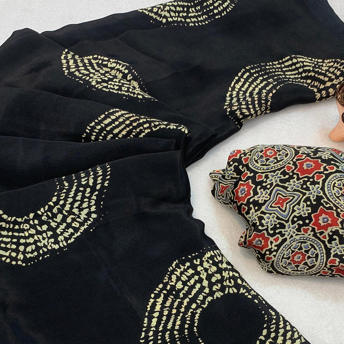 Black Satin Saree Adorned With Authentic Ajrakh Print & Stylish Tassel Pallu