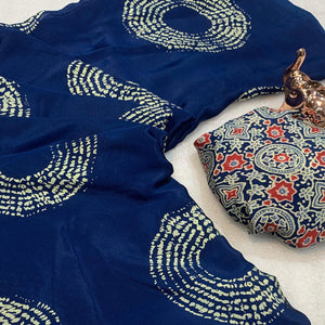 Blue Satin Saree Adorned With Authentic Ajrakh Print & Stylish Tassel Pallu