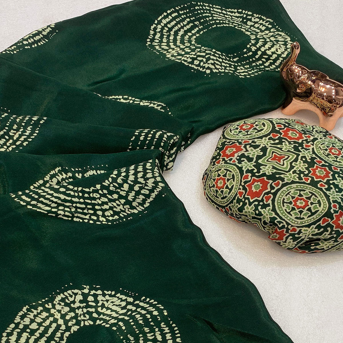 Green Satin Saree Adorned With Authentic Ajrakh Print & Stylish Tassel Pallu