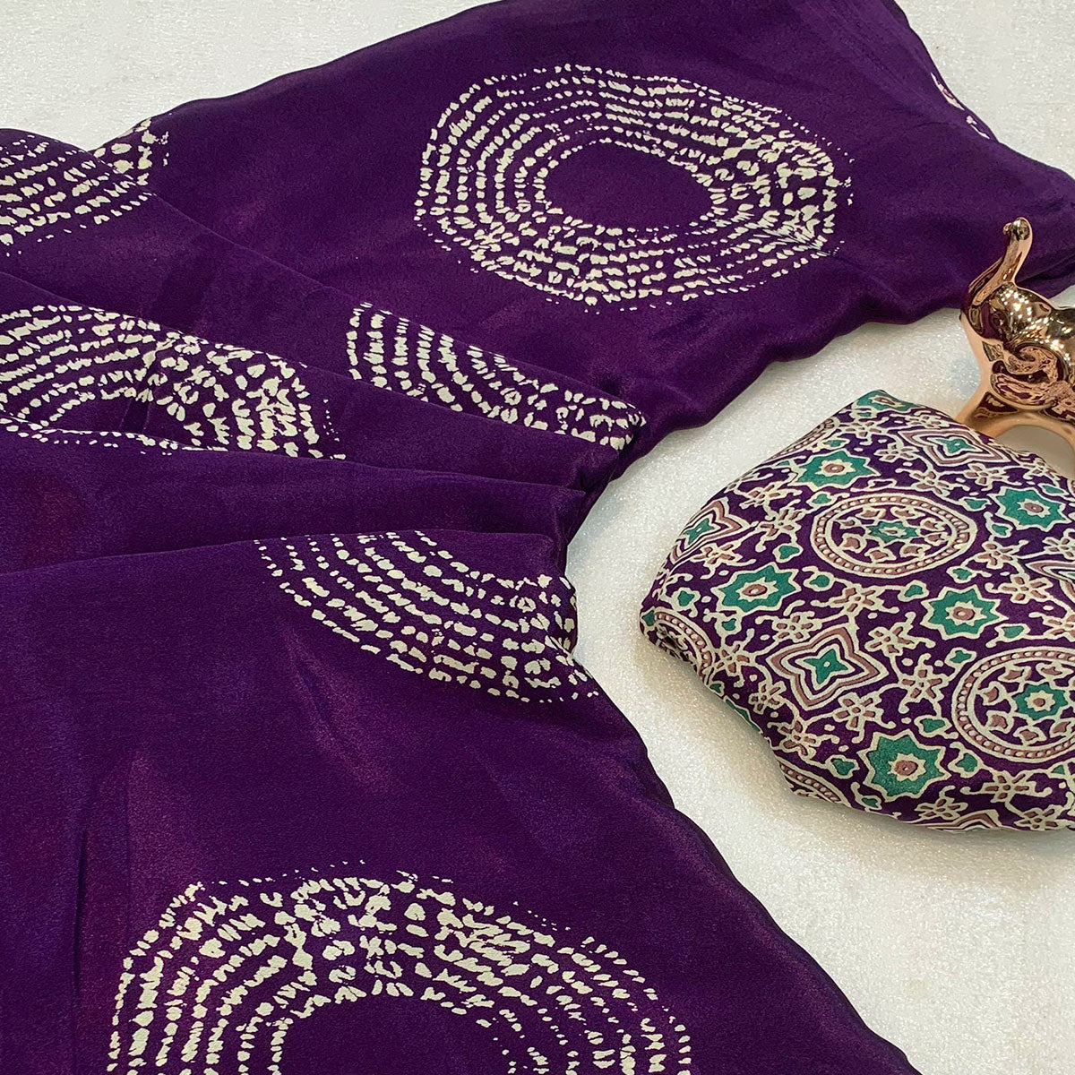 Purple Satin Saree Adorned With Authentic Ajrakh Print & Stylish Tassel Pallu