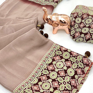 Taupe Solid Satin Saree Featuring Bold Ajrakh Print and Tassel Accented Pallu