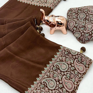 Brown Satin Saree In Ajrakh Floral Print With Tassel Adorned Pallu