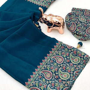 Dark Teal Blue Satin Saree In Ajrakh Floral Print With Tassel Adorned Pallu
