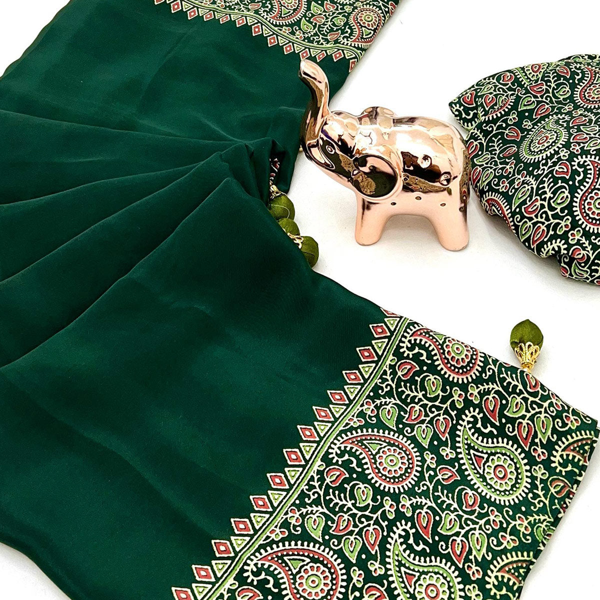 Green Satin Saree In Ajrakh Floral Print With Tassel Adorned Pallu