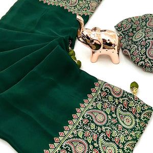 Green Satin Saree In Ajrakh Floral Print With Tassel Adorned Pallu
