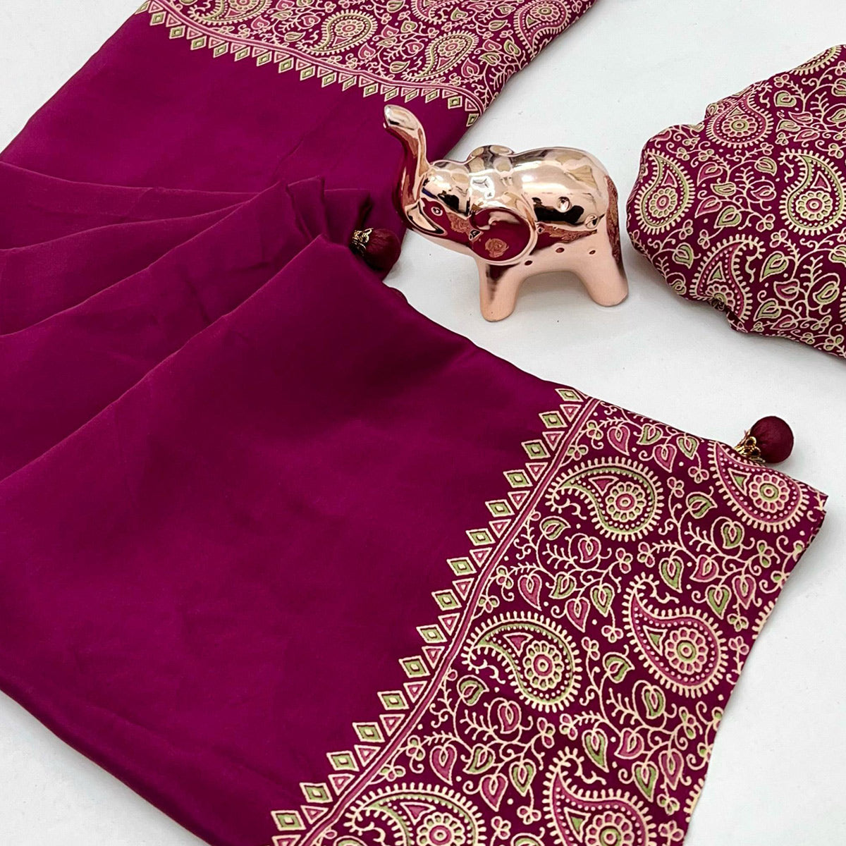 Pink Satin Saree In Ajrakh Floral Print With Tassel Adorned Pallu