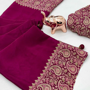 Pink Satin Saree In Ajrakh Floral Print With Tassel Adorned Pallu