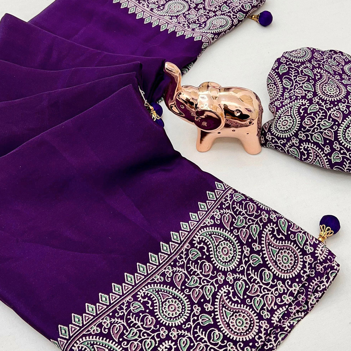 Purple Satin Saree In Ajrakh Floral Print With Tassel Adorned Pallu