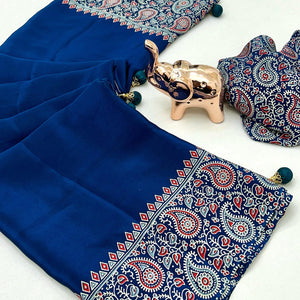 Royal Blue Satin Saree In Ajrakh Floral Print With Tassel Adorned Pallu