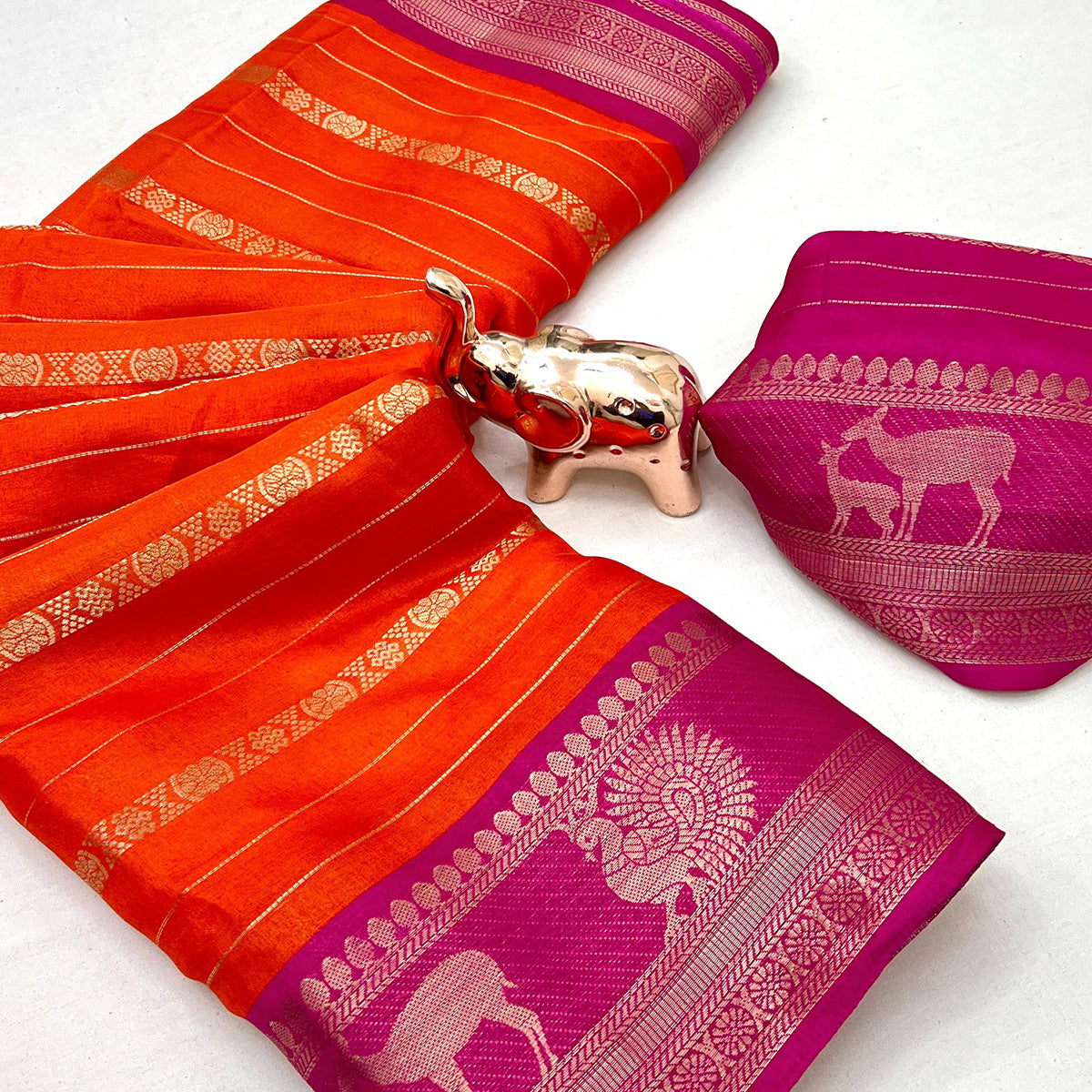 Orange Floral Weaving Mysore Silk Saree With Peacock Print Pallu & Two-Tone Padding Border Work