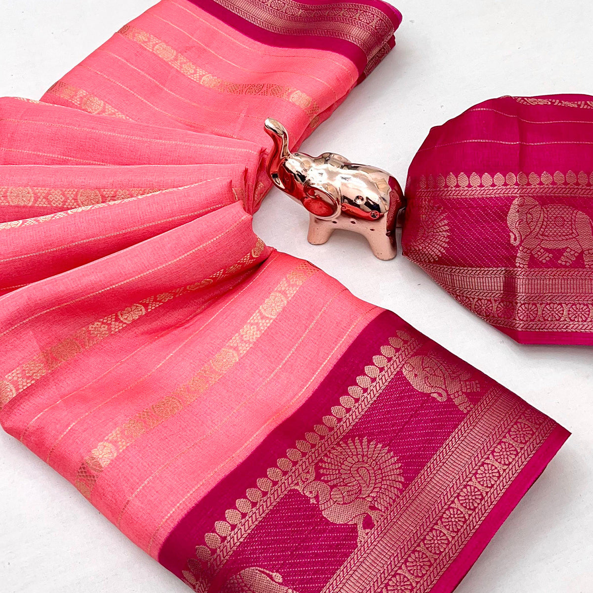 Pink Floral Weaving Mysore Silk Saree With Peacock Print Pallu & Two-Tone Padding Border Work