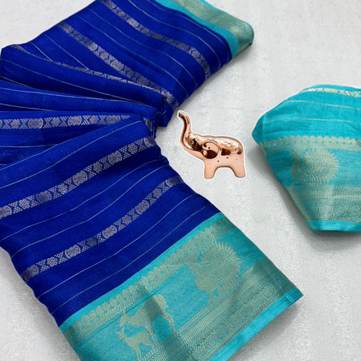 Royal Blue Floral Weaving Mysore Silk Saree With Peacock Print Pallu & Two-Tone Padding Border Work