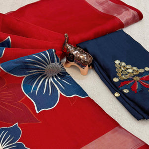 Vibrant Red & Blue Floral Foil Printed Organza Saree With Designer Unstitched Blouse
