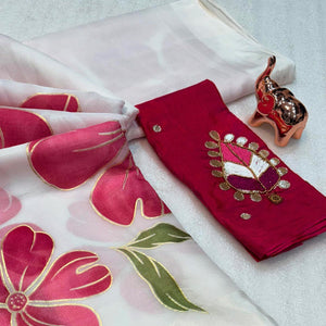 Vibrant White & Pink Floral Foil Printed Organza Saree With Designer Unstitched Blouse