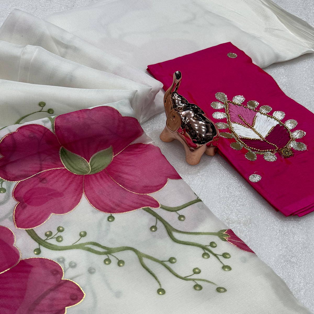 Vibrant White & Pink Floral Foil Printed Organza Saree With Designer Unstitched Blouse