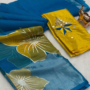 Blue and Yellow Organza Saree with Exquisite Floral Foil Motifs