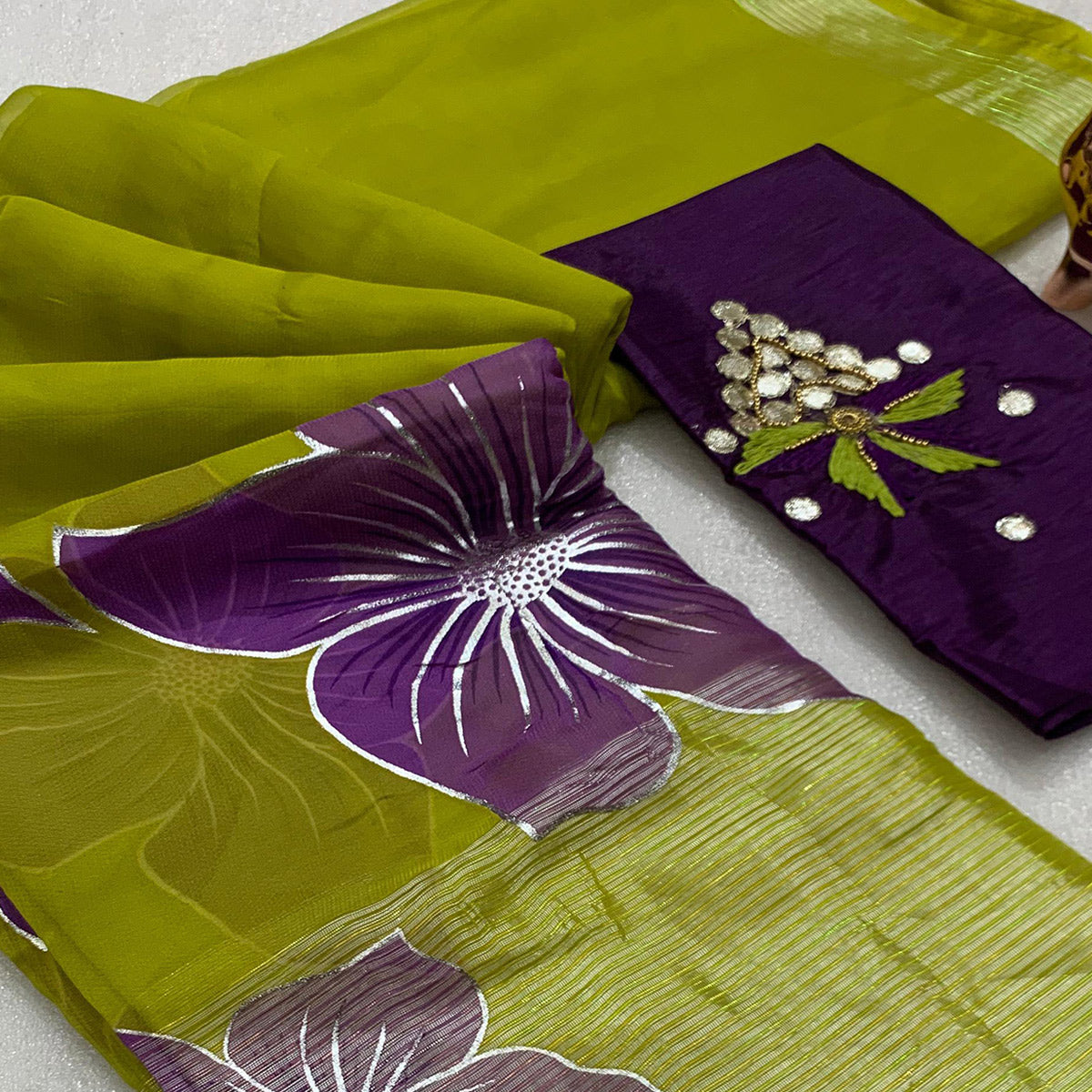 Green and Purple Organza Saree with Shimmering Floral Foil Accents