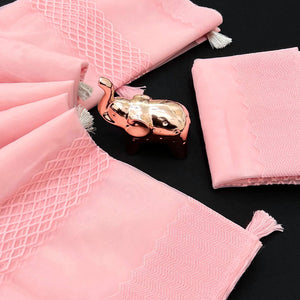 Pink Woven Thread Work Net Saree With Tassels