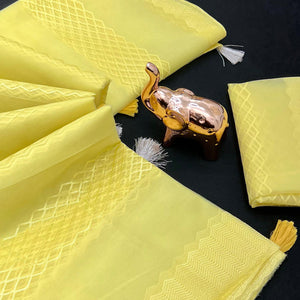 Yellow Woven Thread Work Net Saree With Tassels