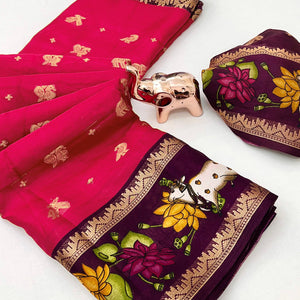 Elegant Pink Peacock Pattern Zari Weaving Georgette Saree With Tassel Pallu