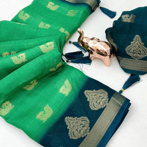 Elegant Aqua Green Peacock Pattern Zari Weaving Georgette Saree With Tassel Pallu