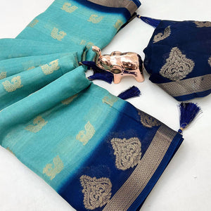 Elegant Blue Peacock Pattern Zari Weaving Georgette Saree With Tassel Pallu