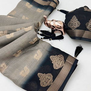 Elegant Grey Peacock Pattern Zari Weaving Georgette Saree With Tassel Pallu