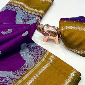 Silk Blend Saree in Deep Purple with Abstract Print and Intricate Woven Border