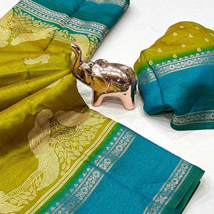 Silk Blend Saree in Mustard with Abstract Print and Intricate Woven Border