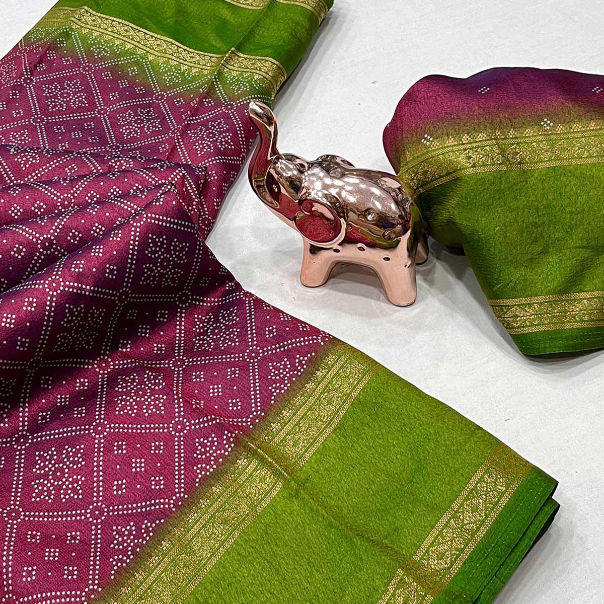 Silk Blend Saree in Magenta with Abstract Print and Intricate Woven Border