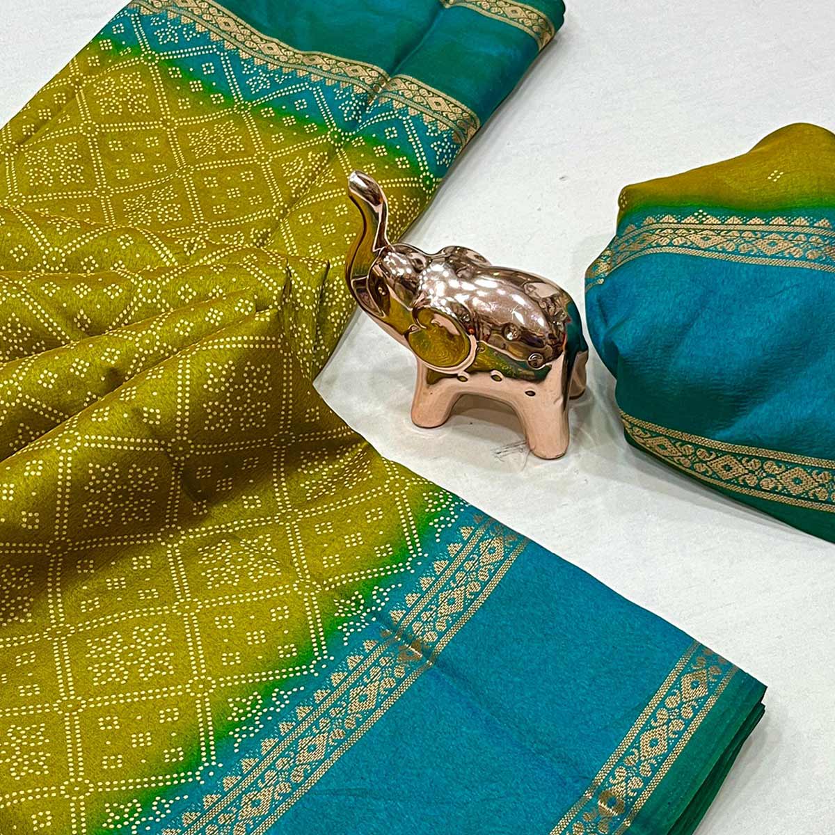 Silk Blend Saree in Mustard with Abstract Print and Intricate Woven Border