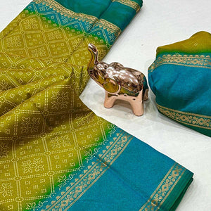 Silk Blend Saree in Mustard with Abstract Print and Intricate Woven Border